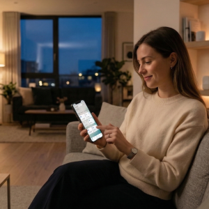 Kobieta siedzi na kanapie i obsługuje aplikację w smartfonie, w tle nowoczesny salon wieczorem