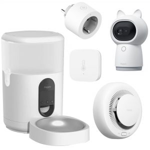 Zestaw Aqara | Rodzinny spokój PLUS | Czujnik dymu EU + Czujnik temperatury i wilgotności T1 + Smart Plug EU + Kamera G3 Gateway Hub + Automat karmienia PET