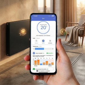 Telefon sterujący temperaturą grzejnika, wyświetlający ustawioną temperaturę 20°C i oszczędności energii