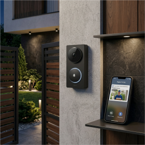 Wideodomofon zamontowany na zewnętrznej ścianie domu, obok telefonu wyświetlającego obraz osoby przed wejściem