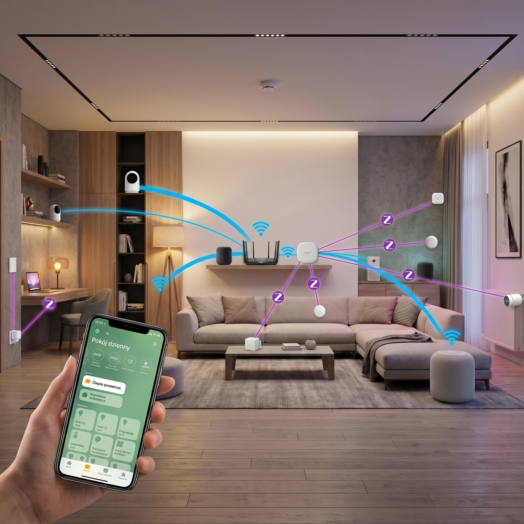 Współczesny salon z widoczną aplikacją na telefonie do zarządzania inteligentnym domem. W tle urządzenia takie jak router, czujniki i głośniki łączące się z siecią Wi-Fi.