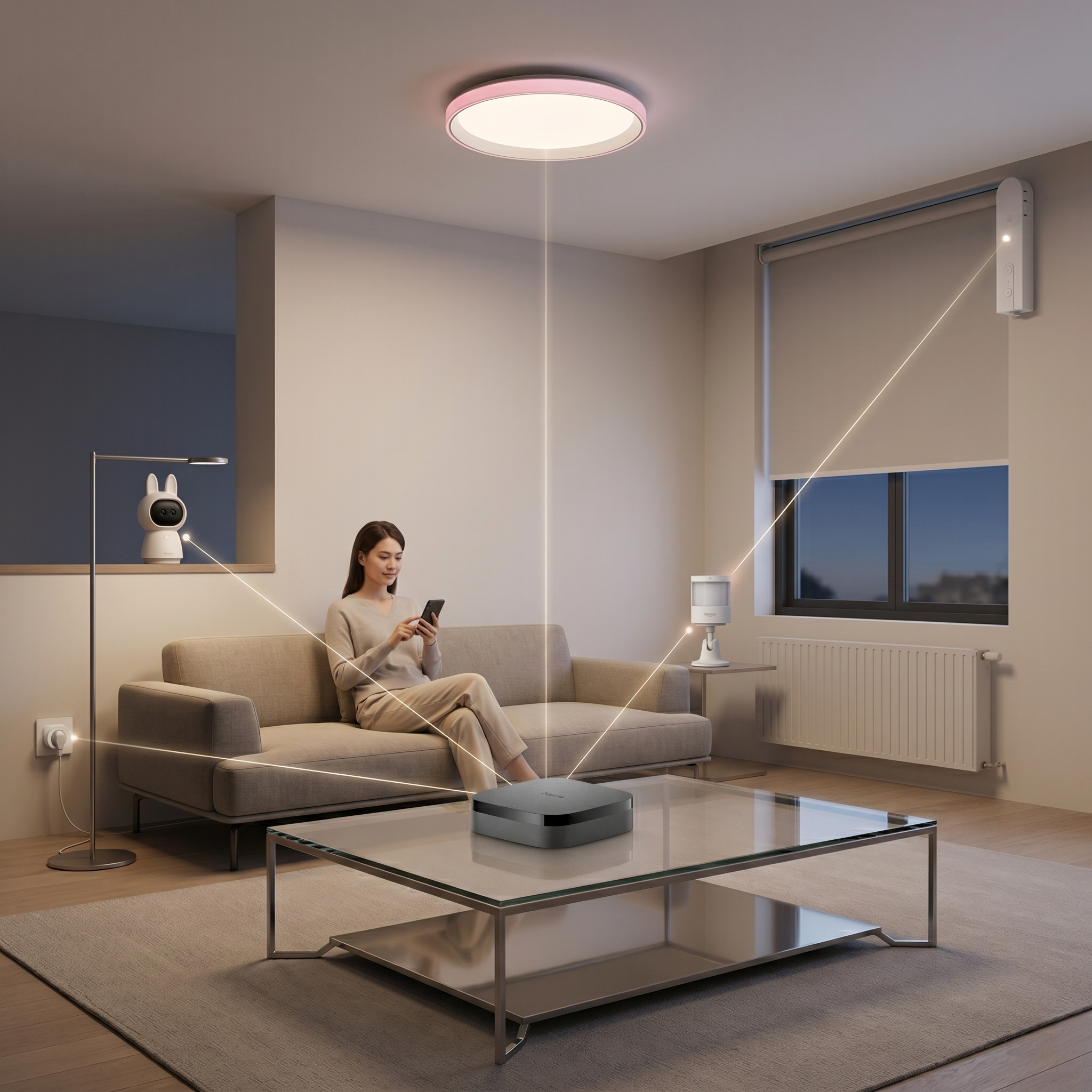 Kobieta siedzi na sofie z telefonem, na stoliku urządzenie smart home, połączone liniami z lampą, roletą i centralą smart home