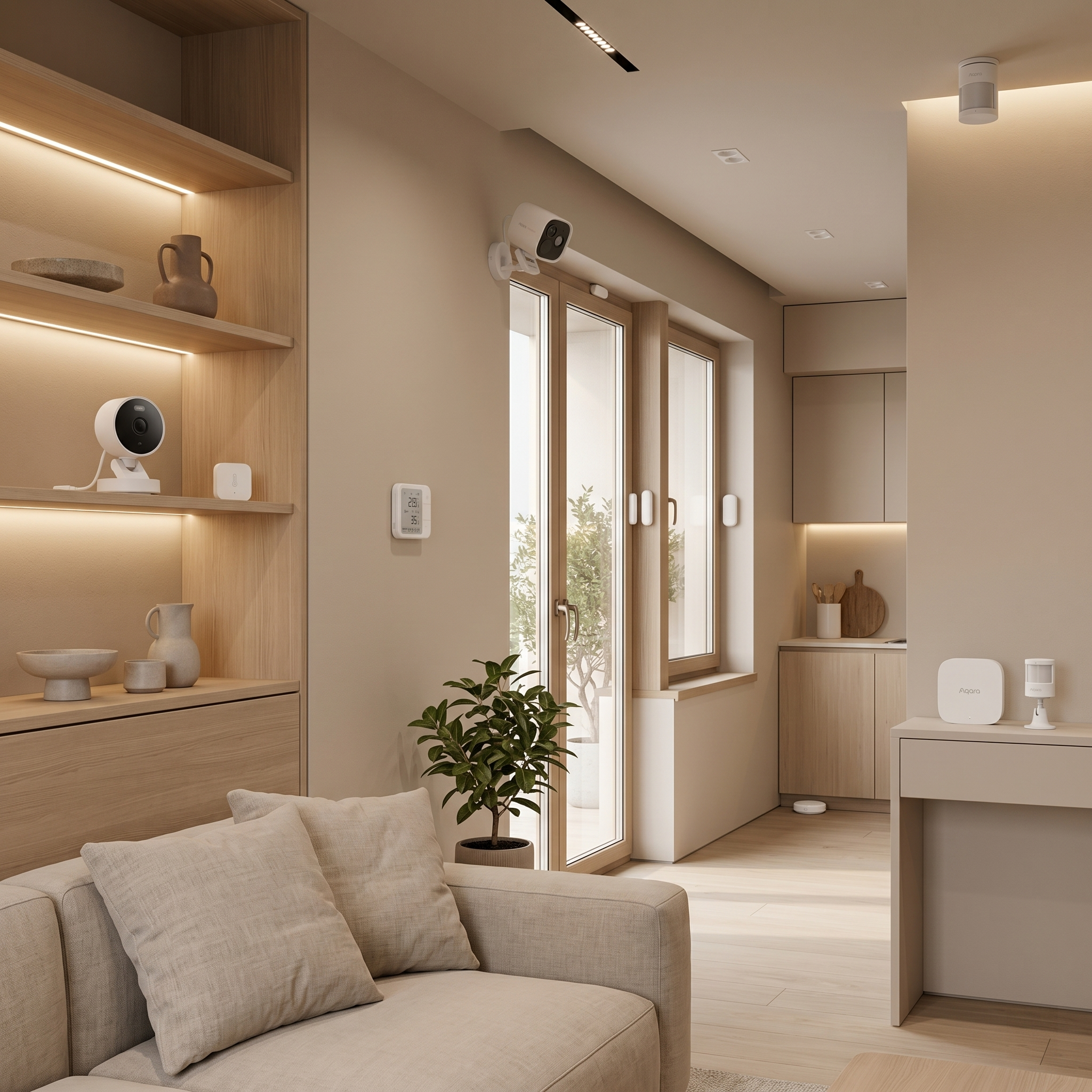 Wnętrze nowoczesnego, minimalistycznego pokoju dziennego. Regał z kamerą monitorującą, termostat na ścianie, oraz inne urządzenia smart home.