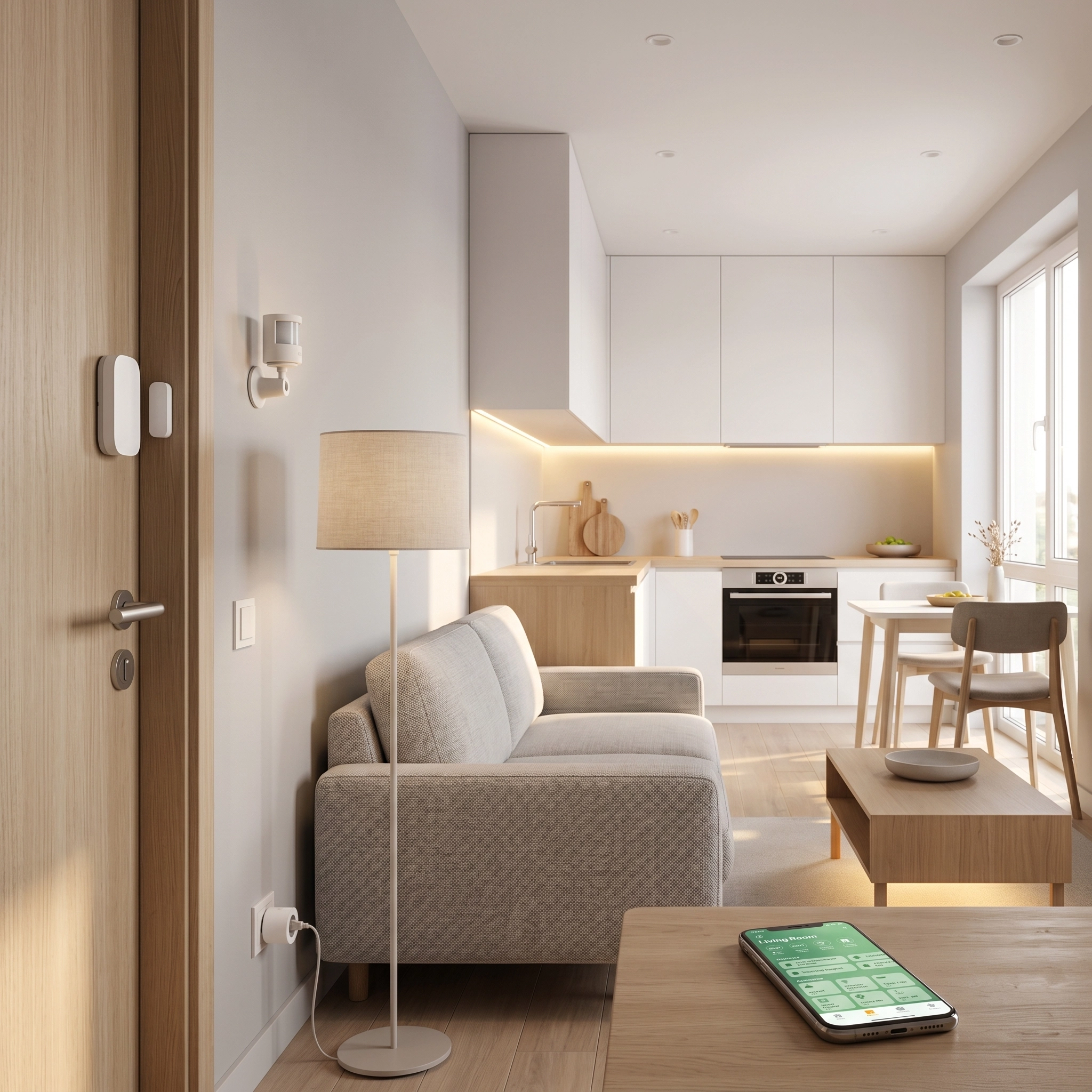 System Aqara smart home w małym mieszkaniu: czujnik drzwi, czujka ruchu, smart plug i aplikacja na telefonie