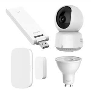 Zestaw Aqara | Bezpieczny powrót ze szkoły PLUS | Kamera E1 + Czujnik drzwi i okien T1 + Hub M100 + Żarówka LED T2 GU10