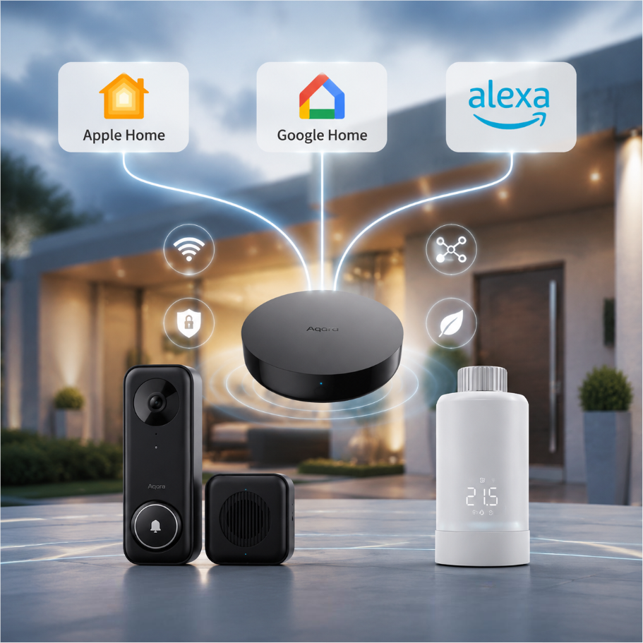 Zestaw Aqara smart home przed domem, hub łączy dzwonek i termostat z Apple Home, Google Home i Alexa