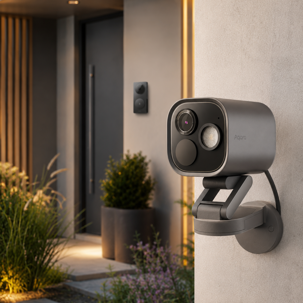 Kamera Aqara Camera Hub G5 Pro na elewacji przy wejściu, w tle wideodzwonek i oświetlony ogród