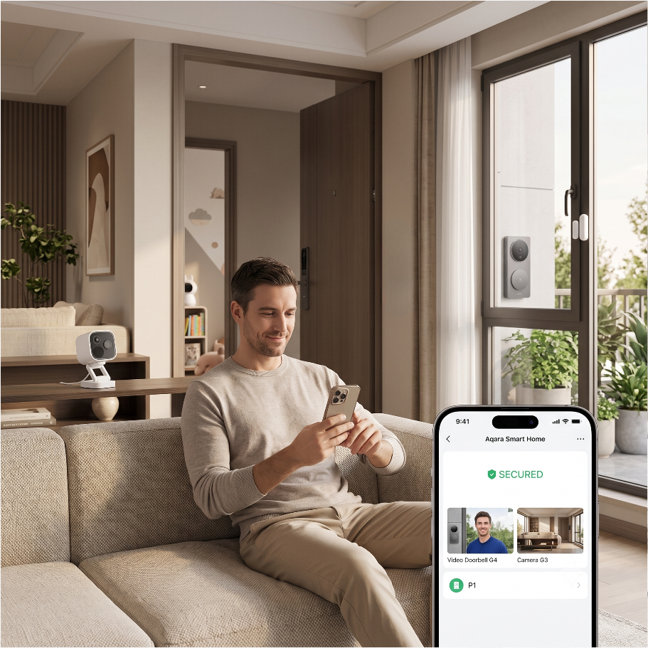 Aqara Smart Home w salonie: mężczyzna steruje kamerą G3, wideodomofonem G4 i czujnikiem okna z telefonu